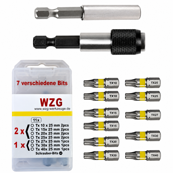 7 vers.Profi Torx Bits 11St,2xTx10,2xTx15,2xTx20,1xTx25,1xTx27,1xTx30,1xTx40 WZG + Bithalter