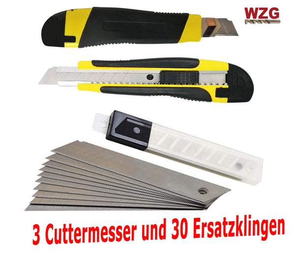 Cuttermesser Teppichmesser 3 Stück 18mm u 30 Klingen Profi Cuttermesser Messer G