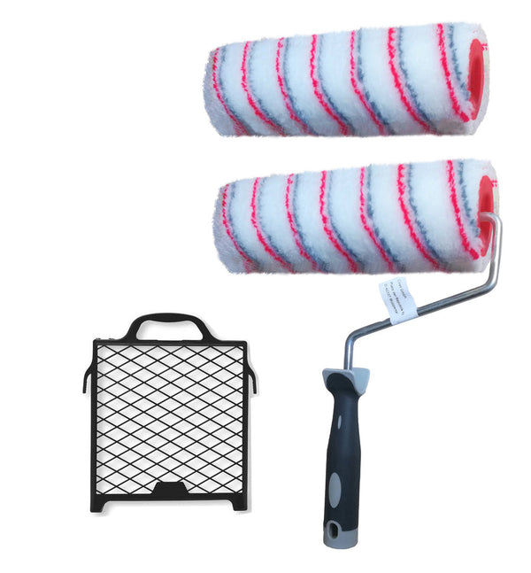 2 x Profi Malerrolle 1x Halteb. 1x Abstrei Malerwalze Farbrolle Maler Walze Rolle 25cm 14mm Flor WZG