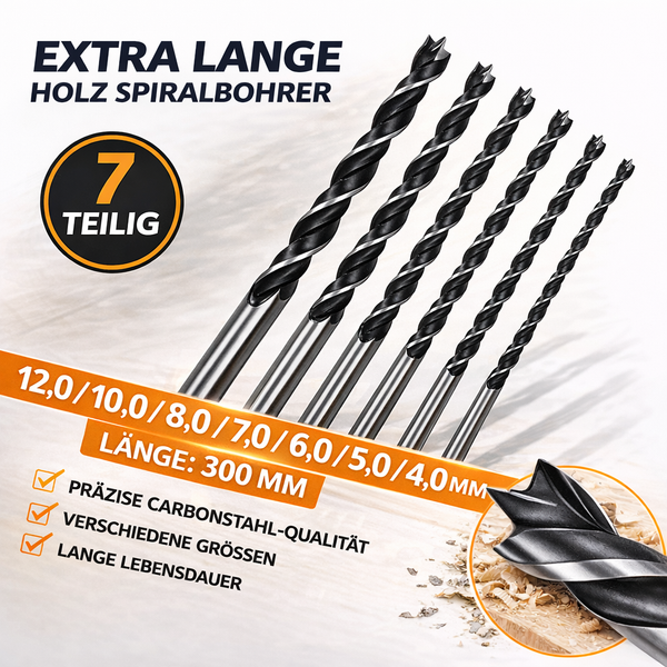 WZG Holzbohrer Set lang 7-teilig 300 mm | extra lange Holzbohrer | Balkenbohrer | 4 - 12mm