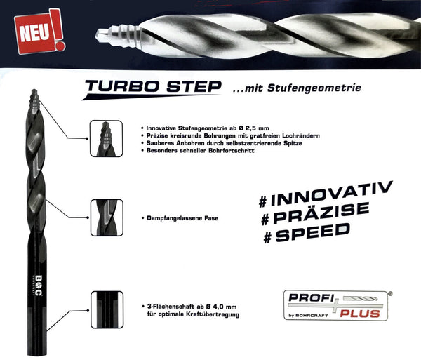 10,5 - 13,0mm Spiral-Bohrer DIN 338 HSS-G geschliffen, TURBO STEP P-PLUS Eisen- Stahl- Bohrer