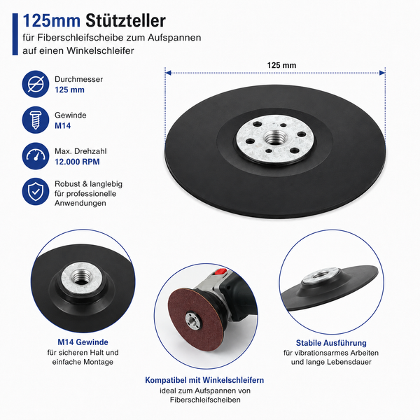 125mm Stützteller für Fiberschleifscheiben Fiberscheiben für Flex Winkelschleifer Holz Metall "hart"
