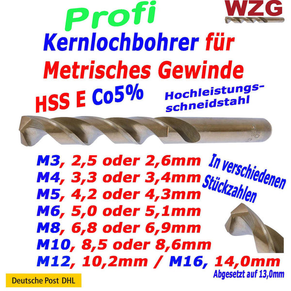 WZG, HSS E Co5 Bohrer Spiralbohrer Kernlochbohrer M3, M4, M5, M6, M8, M10, M12