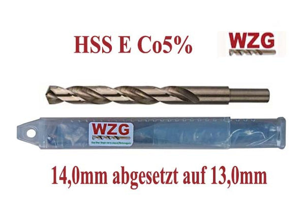 Profi 14,0mm HSS E Co5% Bohrer abgesetzt auf 13,0mm Spieralbohrer Edelstahl V2A