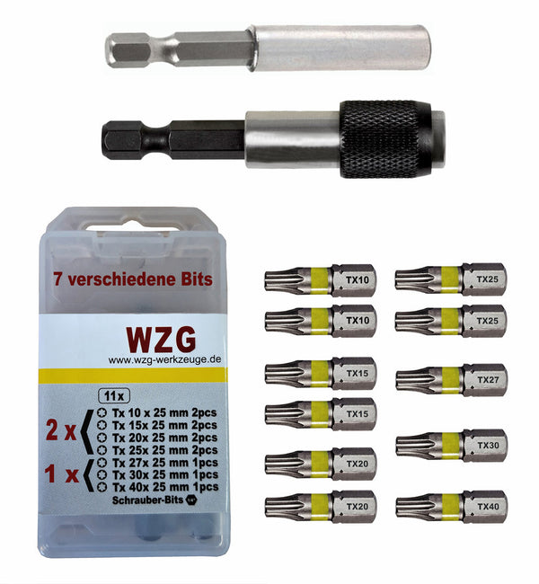 7 vers.Profi Torx Bits 11St,2xTx10,2xTx15,2xTx20,1xTx25,1xTx27,1xTx30,1xTx40 WZG + Bithalter