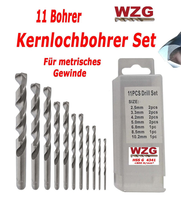 Kernlochbohrer Bohrer Metall Spiralbohrer 2,5/M3 - 10,2/M12 Set 11 Stück