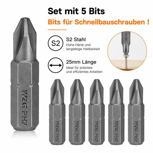 Profi PH2 Bits 5 St. Schnellbau Bit Kreuzschlitzbit mit Mehrfachkaufrabattierung