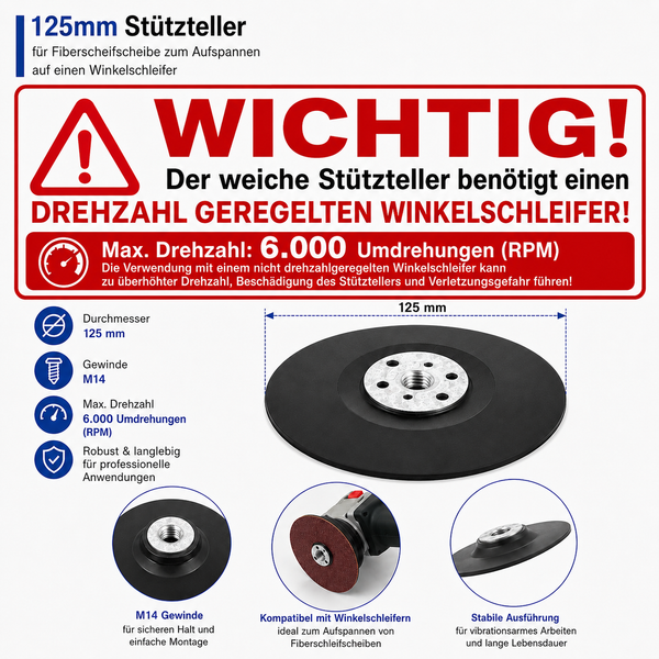 125mm Stützteller weich für Fiberschleifscheiben Fiberscheiben für Flex Winkelschleifer Holz Metall