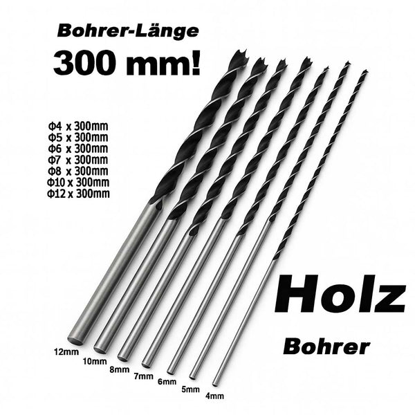 WZG Holzbohrer Set lang 7-teilig 300 mm | extra lange Holzbohrer | Balkenbohrer | 4 - 12mm