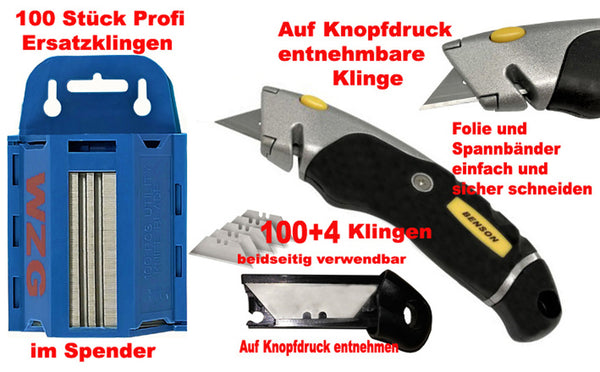 Trapetzklingen Messer Cuttermesser Allzweckmesser mit 5 + 100 Ersatzklingen Trockenbau